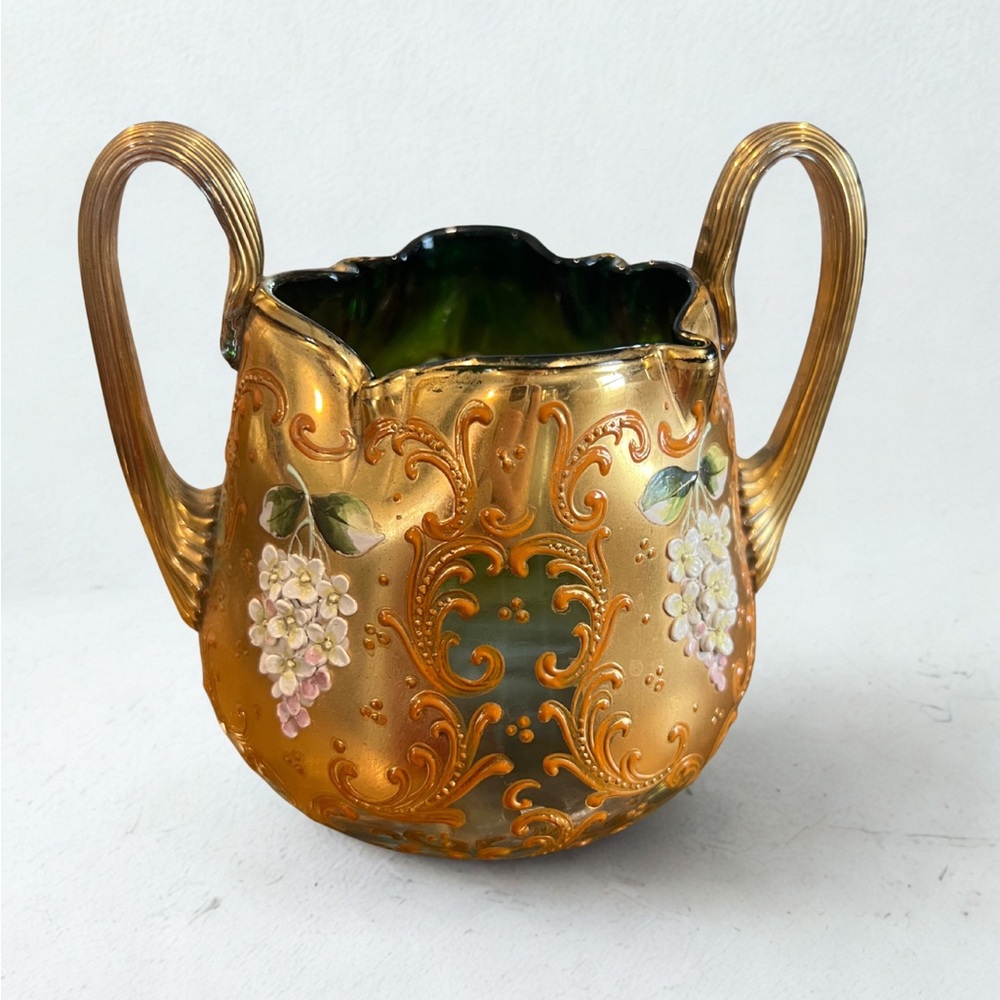 Vintage Moser Bohemian Czech art glass 24k gold enamel hand printed flowers